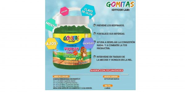 PROPÓLEO +EUCALIPTO+AJOS+MENTA+JENGIBRE Y CLAVO DE OLOR 120 GOMITAS MASTICABLES SOTTCOR- TIENDA BIOCENTRO LIMA PERÚ
