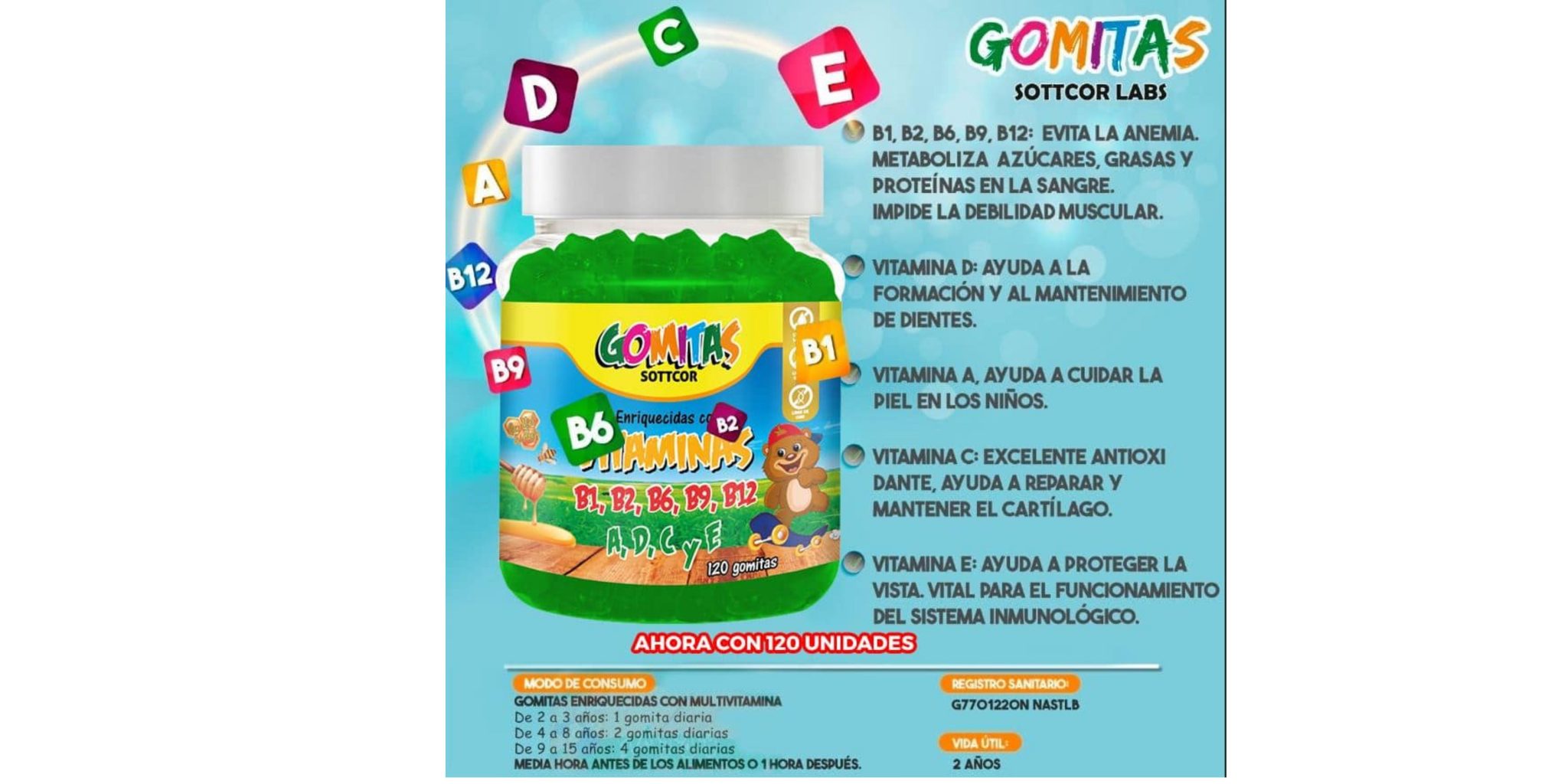 GOMITAS NIÑOS VITAMINAS B1,B2,B6,B9,B12, A,D,C Y E FRASCO 130 UNIDADES ...